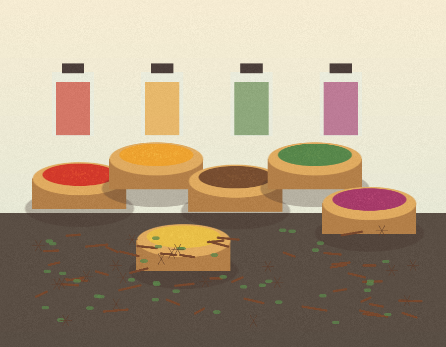 Bowls of colorful spices and pantry ingredients for merchandising